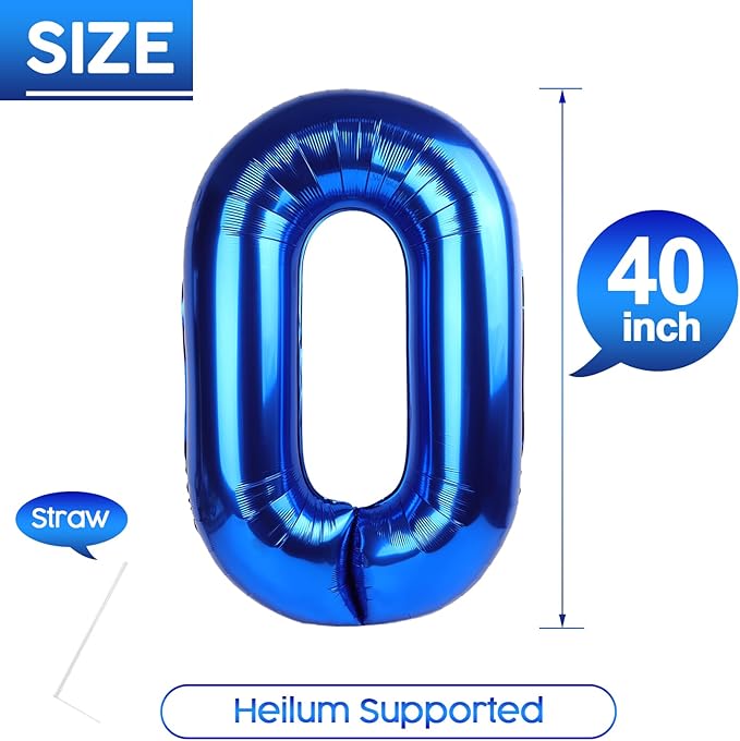 0 Balloon - Metallic Blue Birthday Number Balloons, 40 Inch Large Foil Balloons for Men Women Boys Girls Metallic Blue Themed Birthday Decorations