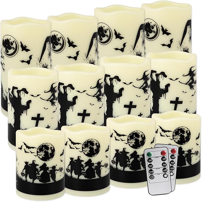 12-Pack Waterproof Flameless LED Candles - Remote Control & Timer, Dimmable Flickering for Halloween Decor Indoor/Outdoor, Haunted House, Party, Graveyard