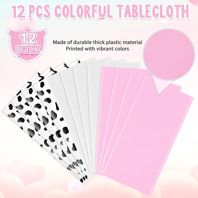 12Pcs Cow Print and Pink White Tablecloth Set, Pink and White Cow Print Table Covers Disposable Plastic Rectangle Tablecloth for Cowgirl Birthday Baby Shower Barnyard Party Decorations, 108*54inch