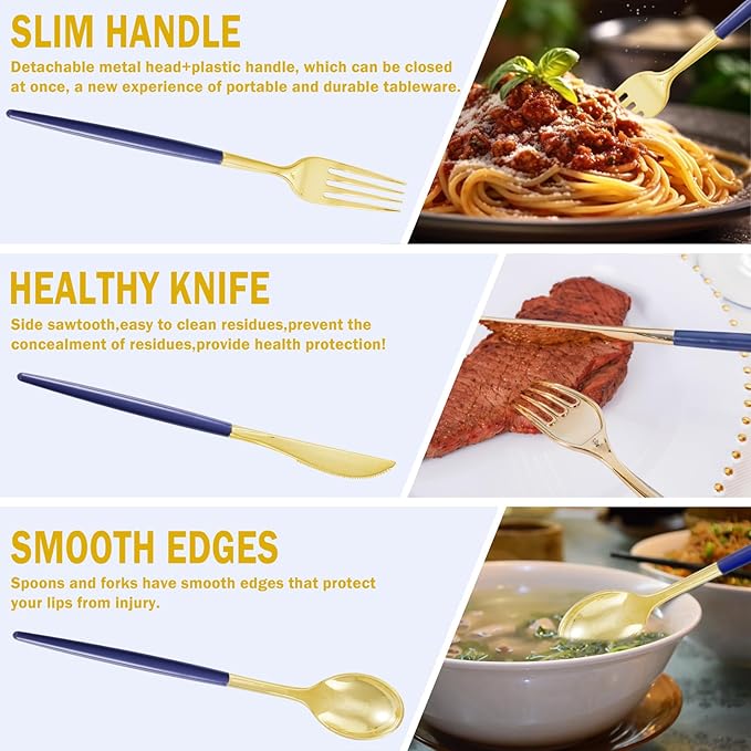 Supernal 102Pcs Dark Blue Plastic Silverware, Gold Plastic Cutlery with Dark Blue Handle, Gold Disposable Utensils Includes 34 Forks, 34 Spoons and 34 Knives for Mother's Day, Wedding, Theme Banquet