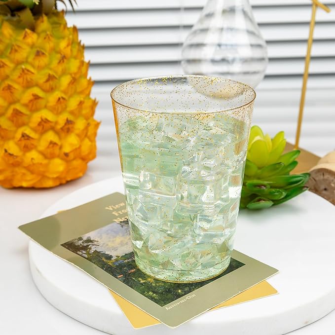 I00000 100 Pack 10oz Gold Plastic Cups, Premium Disposable Gold Glitter Plastic Cups for Martini and Cocktail,Hard Clear Cup with Gold Glitter Perfect for Fancy Wedding and Elegant Party