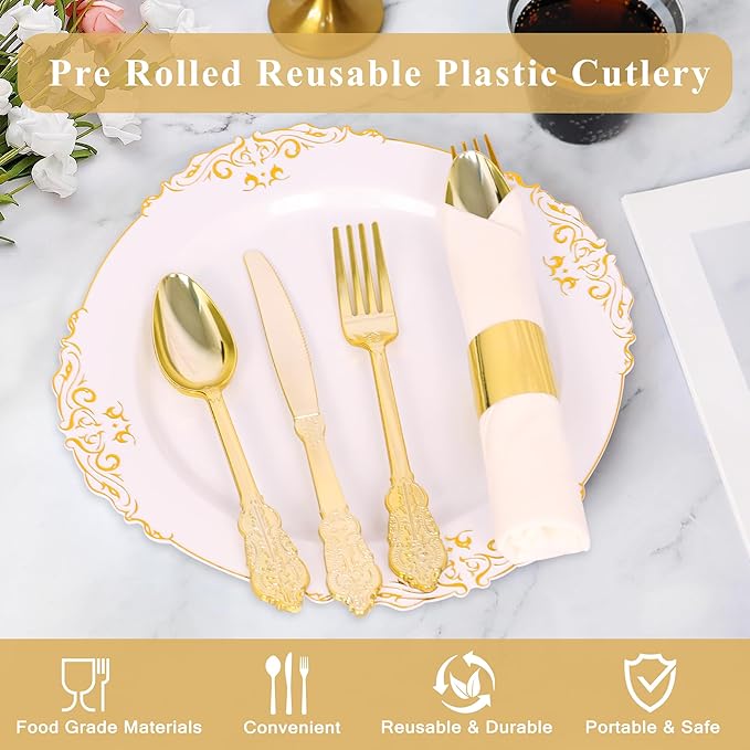 50 Pack Pre Rolled Gold Plastic Silverware Set,Fancy Wrapped Plastic Cutlery Set with Napkin Include 50 Forks,50 Spoons,50 Knives and 50 White Napkins for Party, Wedding,Christmas