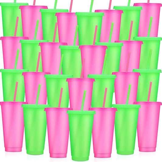 Honeydak 30 Pack Tumbler with Straw and Lid Bulk Cups for Gifts Glitter Plastic Coffee Cups 24-27 oz Reusable Water Bottle Iced Coffee Travel Mug Party Favors for Birthdays Travel (Pink and Green)