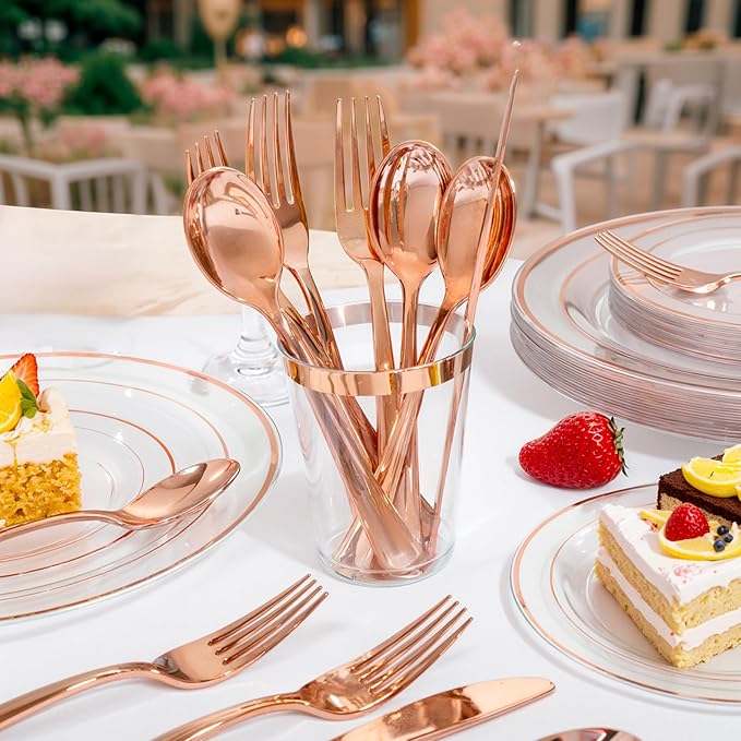 bUCLA 600PCS Rose Gold Plastic Silverware Set - Disposable Rose Gold Plastic Cutlery Include 200 Knives, 200 Forks, 200 Spoons for Party, Wedding & Mother’s Day