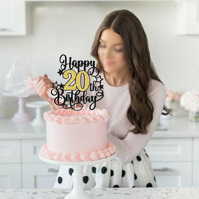 1 PCS Happy 20th Birthday Cake Topper Black Gold Glitter Cheers to 20 Years Birthday Cake Pick Hello 20 Fabulous Cake Decoration for Happy 20th Birthday Anniversary Party Decorations Supplies