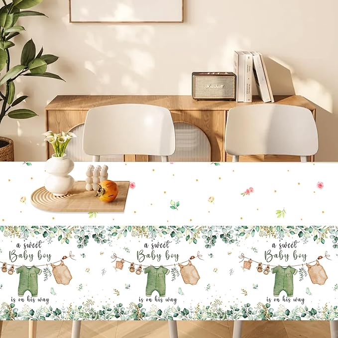 3PCS Greenery Gender Reveal Baby Shower Tablecloth, Boho Greenery A Sweet Baby Boy is On His Way Party Supplies TableCover for Gender Reveal Party, 54 x 108INCH (Green)