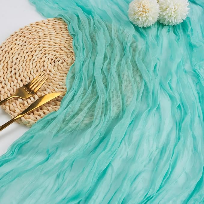 FEXIA Sky Blue Table Runner 35x120 Inches for Baby Shower Decoration Gauze Rustic Table Runner for Wedding Party First Communion Centerpiece Engagement Bridal Shower Boho Decoration