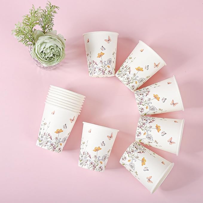 100Pcs Fall Wildflower Paper Cups Watercolor Floral Party Cups 9oz Rustic Botanical Butterflies Disposable Coffee Cups for Spring Summer Birthday Bridal Baby Shower Tea Party Supplies