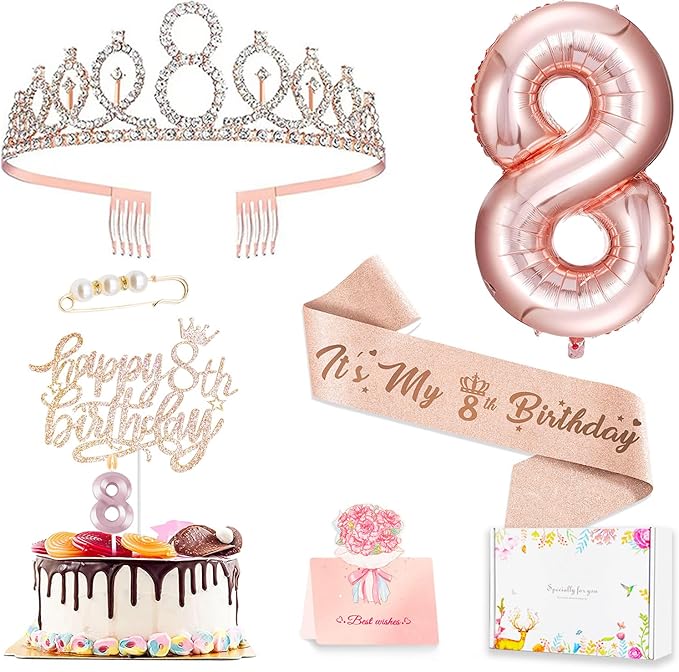 8th Birthday Decorations for Girls, Including 8 year old Birthday Cake Topper, Queen Sash with Pearl Pin, Sweet Rhinestone Tiara Crown, Number Candles and Balloons Set, Rose Gold