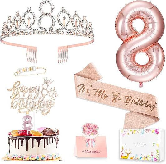 8th Birthday Decorations for Girls, Including 8 year old Birthday Cake Topper, Queen Sash with Pearl Pin, Sweet Rhinestone Tiara Crown, Number Candles and Balloons Set, Rose Gold