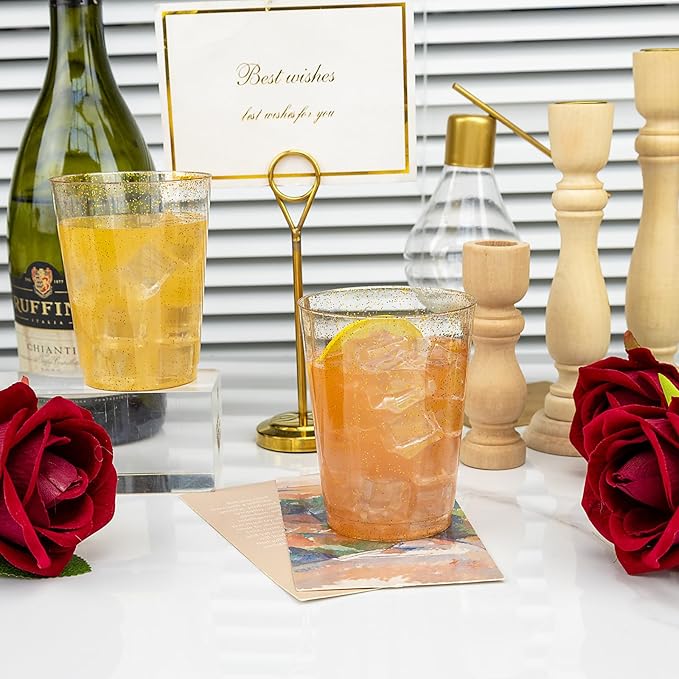 I00000 100 Pack 10oz Gold Plastic Cups, Premium Disposable Gold Glitter Plastic Cups for Martini and Cocktail,Hard Clear Cup with Gold Glitter Perfect for Fancy Wedding and Elegant Party