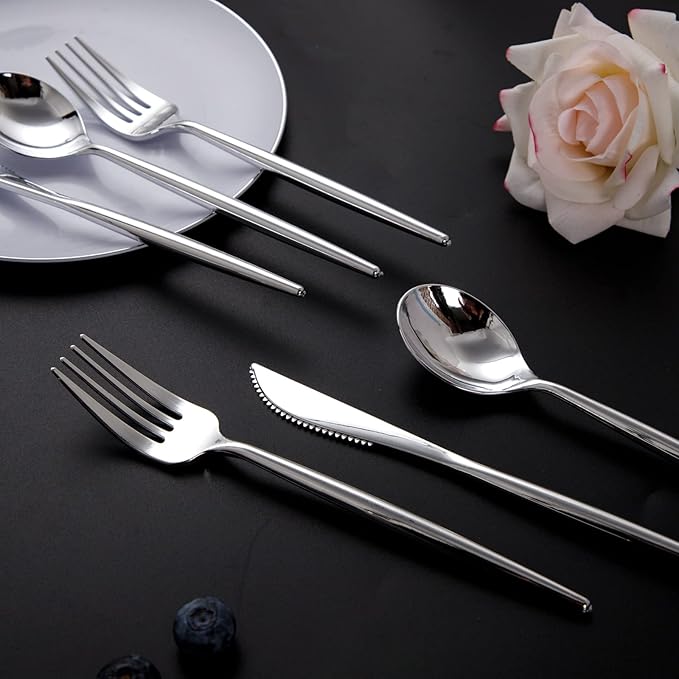 SUT 150Pcs Silver Plastic Silverware, Silver Disposable Cutlery, Heavy Duty Disposable Silverware, Plastic Utensils Include 50 Plastic Forks, 50 Plastic Spoons, 50 Plastic Knives