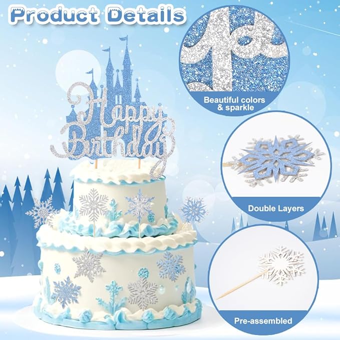 26Pcs Ice Castle Cake Toppers Double Layer Silver Blue Snowflake Cupcake Toppers Winter Wonderland Cake Decorations for Princess Happy Birthday Baby Shower Party Supplies