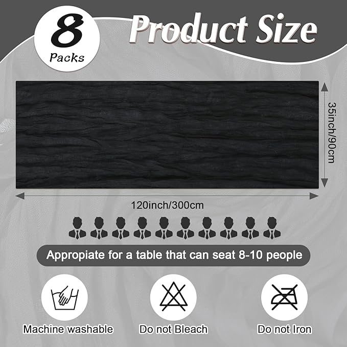 8 Pack Cheesecloth Table Runner Rustic Sheer Boho Gauze 35 x 120 Inch Centerpiece Cheese Cloth for Bridal Baby Shower Summer Spring Decorations Black