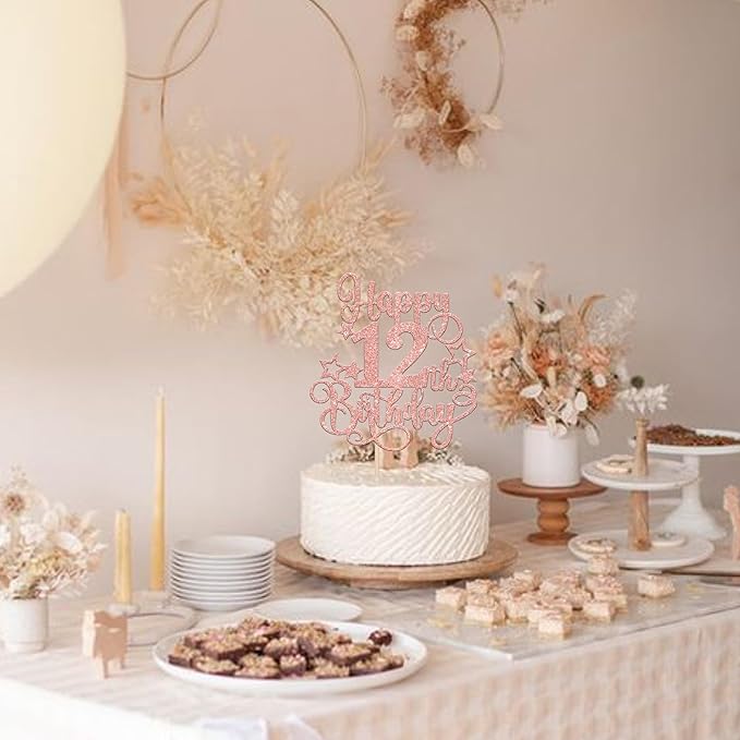 1 PCS Happy 12th Birthday Cake Topper Glitter Cheers to 12 Years Birthday Cake Pick Hello 12 Fabulous Cake Decoration for Happy 12th Birthday Anniversary Party Decorations Supplies Rose Gold