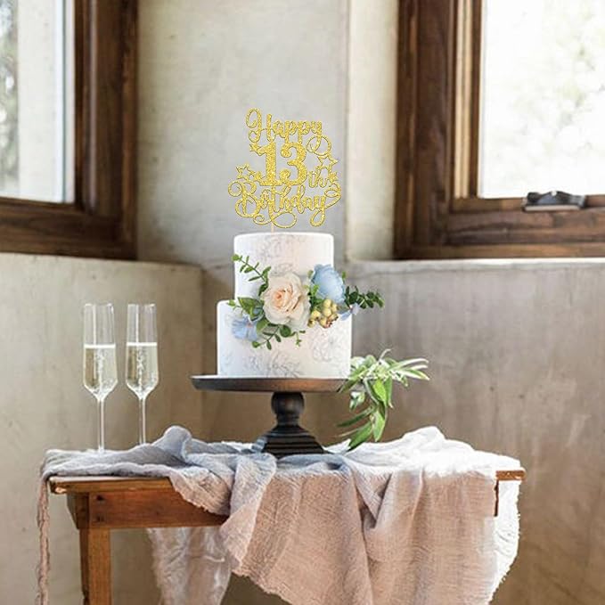 1 PCS Happy 13th Birthday Cake Topper Glitter Cheers to 13 Years Birthday Cake Pick Hello 13 Fabulous Cake Decoration for Happy 13th Birthday Anniversary Party Decorations Supplies Gold