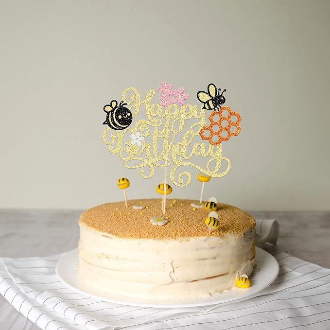 1 Pack Happy Bee Day Cake Topper Bumble Bee Happy Birthday Cake Decoration for Bee Theme Baby Shower Kids Boys Girls Birthday Party Cake Decorations Supplies Gold