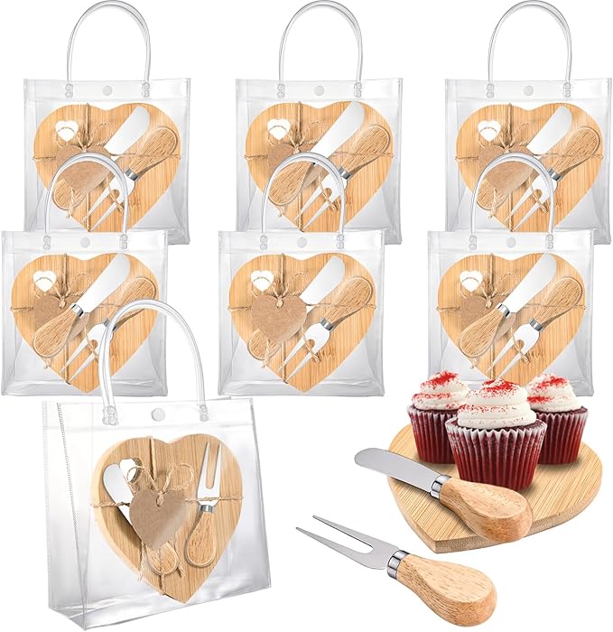 6 Set Heart Shaped Charcuterie Board Wood Mini Charcuterie Board With Cheese Knives Fork Set Bridal Shower Favors for Guest Bridal Baby Shower Prize Wedding Birthday Valentines Day (Wood color 01)