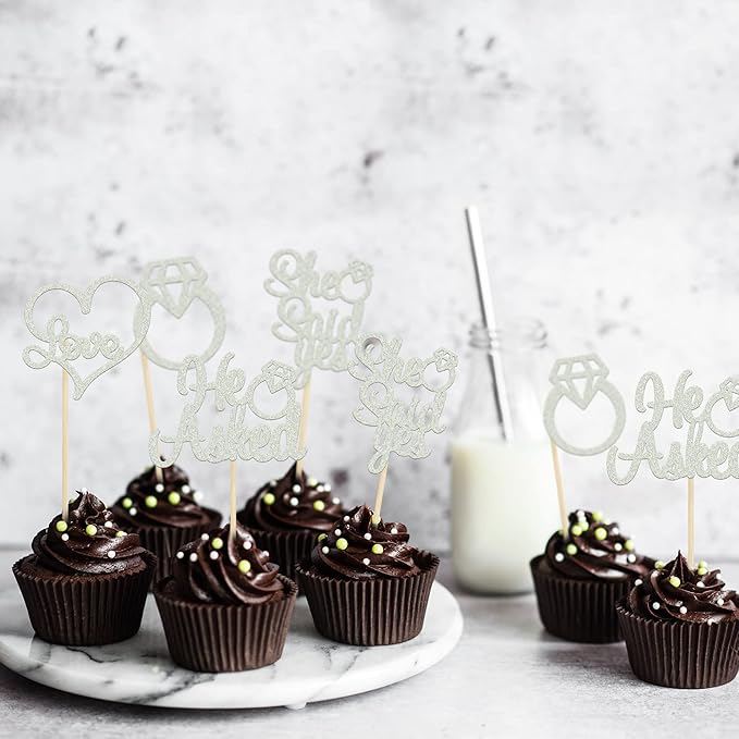 Gyufise 24 Pack Silver Glitter He Asked She Said Yes Cupcake Toppers Diamond Ring Heart Cake Picks for Wedding Engagement Party Cake Decorations