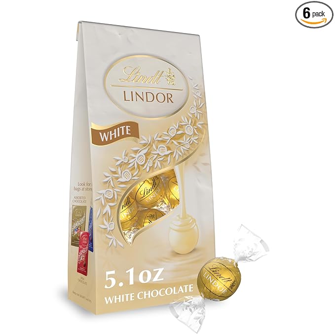 Lindt LINDOR White Chocolate Truffles, White Chocolate Candy with Smooth, Melting Truffle Center, Great for Gift Giving, 5.1 oz. Bag (6 Pack)