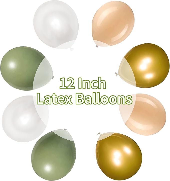 Balloons Green Gold, 60 Packs 12 Inch Retro Sage Green Gold Metallic Balloon, Olive Green White Latex Balloons for Wedding, Birthday, Baby Shower, Safari Jungle Party, Anniversary Decorations
