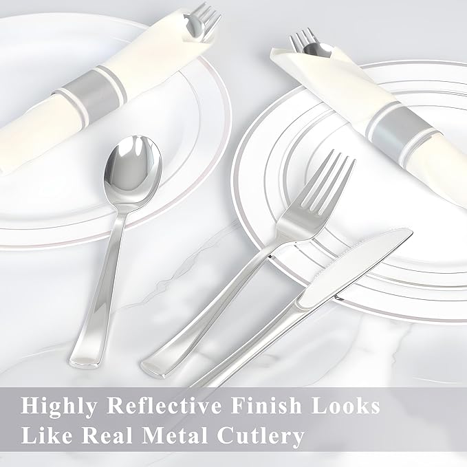 100 Pack Pre Rolled Silver Plastic Silverware Set,Wrapped Plastic Cutlery Set with Napkin Include 100 Forks,100 Spoons,100 Knives and 100 White Napkins for Party, Wedding,showers,Christmas