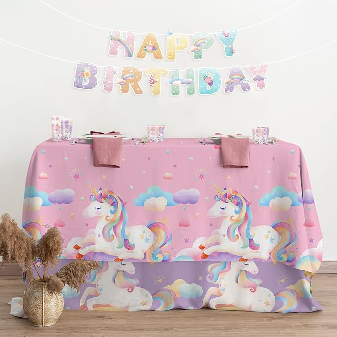Gatherfun Unicorn Party Supplies Set: Perfect Unicorn Birthday Decorations, Includes 2-Pack Unicorn-Themed Tablecloths for Kids & Girls 1st Birthday, Disposable Table Covers 54 x 108 Inch
