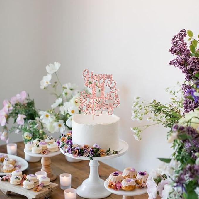 1 PCS Happy 11th Birthday Cake Topper Glitter Cheers to 11 Years Birthday Cake Pick Hello 11 Fabulous Cake Decoration for Happy 11th Birthday Anniversary Party Decorations Supplies Rose Gold