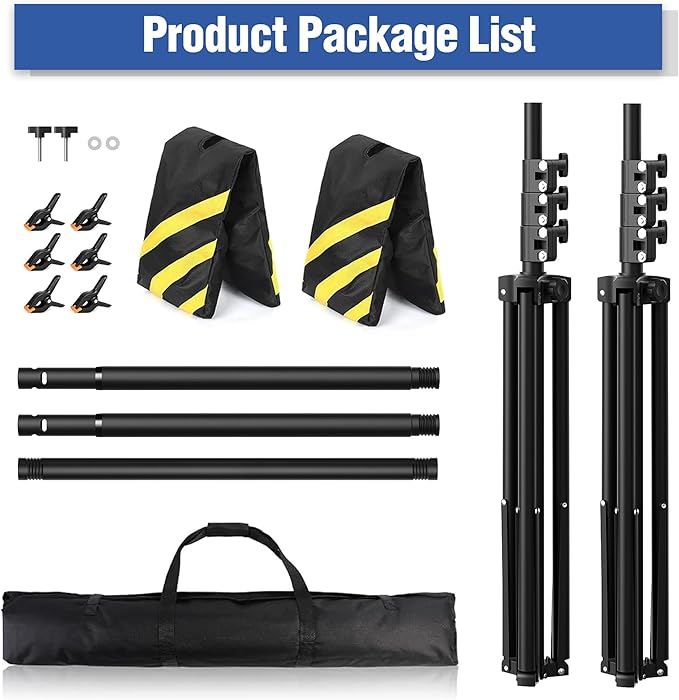 Backdrop Stand 10 x 8 FT for Photography Studio, Telescopic Adjustable Background Stand for Parties, Photoshoot Backdrop Stand with Spring Clamps, Sandbags, Carry Bag