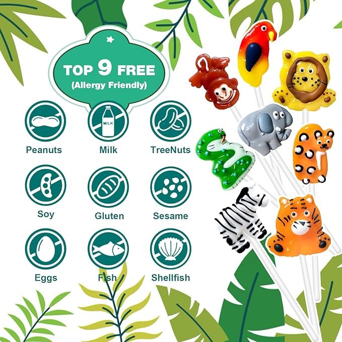 24 Ct African Savannah Animal-Shaped Lollipops Candy, Handmade Lollipops Suckers with unique designs and Fruit Flavors, Candies Lollipop Individually Wrapped Bulk for Zoo Theme Birthday