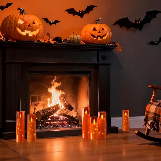 Raycare Flameless Candle with Remote Timer – 5 Flickering Acrylic Battery Operated LED Pillar Candles with Embedded Star String for Halloween, Home Decor, and as a Gift(Orange)