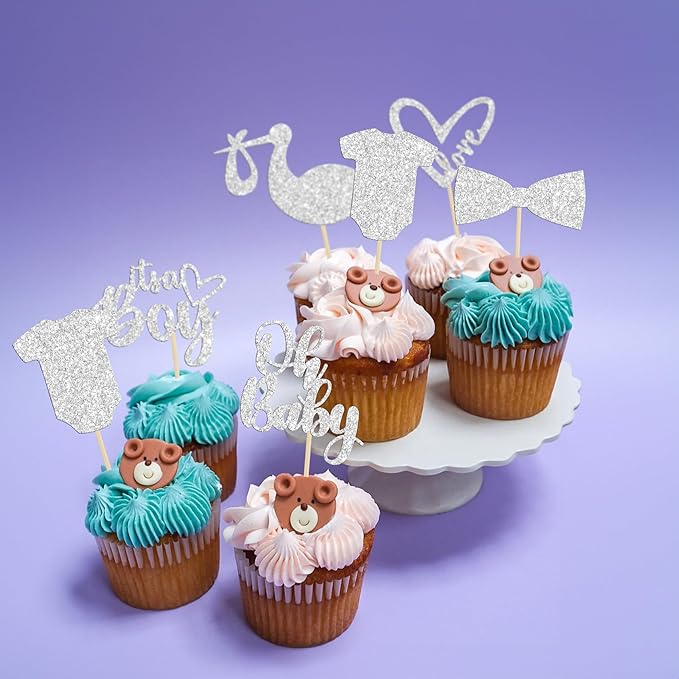 Gyufise 36 Pack Oh Baby Cupcake Toppers It's a Boy Cupcake Toppers with Tie Onesie Love Heart Deep Silver Glitter Babyshower Cake Picks Decorations for Baby Shower Boy Birthday Party Supplies