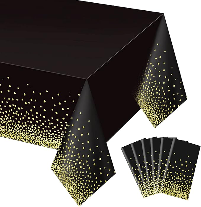 Gexolenu 6 Pack Black and Gold Tablecloth for Rectangle Tables, Plastic Disposable Dot Confetti Party Table Covers for Birthday, Graduation, New Year Party, Anniversary, 54" x 108"