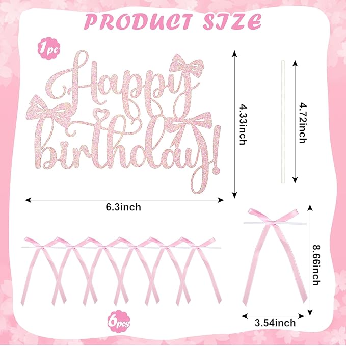 6 PCS Bow Cake Toppers Pink Bow Birthday Decorations Coquette Birthday Decorations Bows for Cake Wedding Party High Footed Cup Balloons Anniversary Party Supplies