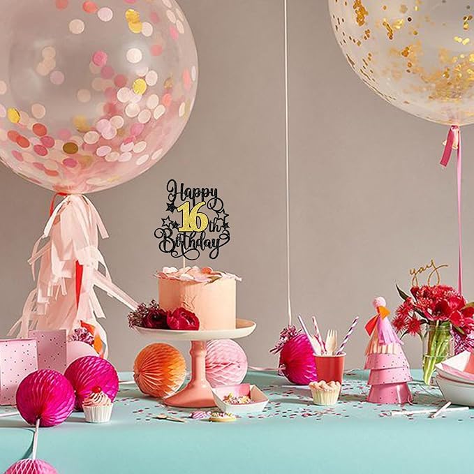 1 PCS Happy 16th Birthday Cake Topper Black Gold Glitter Cheers to 16 Years Birthday Cake Pick Hello 16 Fabulous Cake Decoration for Happy 16th Birthday Anniversary Party Decorations Supplies