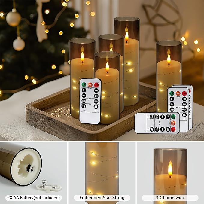 24-Pack Gray Flameless Candles with Remote Control, Battery-Powered LED Candles with Embedded Star String Lights & Realistic Flickering Flame. with Timer for Christmas, Home, Wedding, Fireplace Mantle