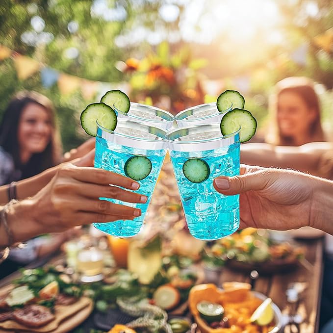 BESTVIP 12oz Silver Plastic Cups, 100 Pack Silver Rimmed Disposable Cups, Heavy-duty Party Cocktail Glasses for Christmas, Plastic Cups for Party, Holiday, Wedding and Birthday