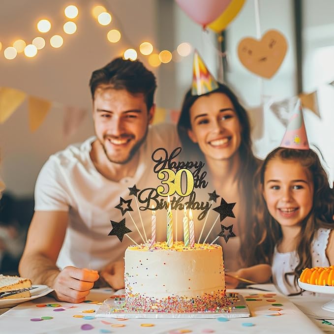 Happy 30th Birthday Cake Toppers, Black Gold Glitter Cake Decorations Set, 30th Birthday Decor for Him Her, Birthday Anniversary Party Decorations Supplies