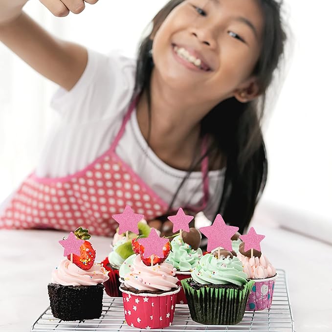 30 PCS Little Star Cupcake Toppers Glitter Twinkle Star Cupcake Picks Wedding Engagement Bridal Shower Baby Shower Birthday Party Cake Decorations Supplies Mixed Size Pink