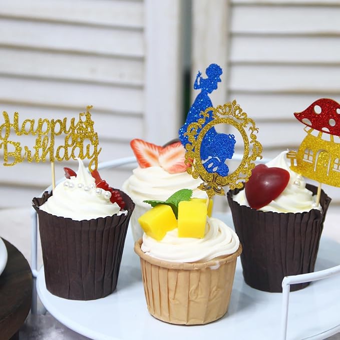 26Pcs Glitter Princess Cake Topper Set with Royal Blue Castle Happy Birthday Cake Toppers Red Rose Apple Cupcake Toppers for Princess Winter Wonderland Forest Baby Shower Party Decor