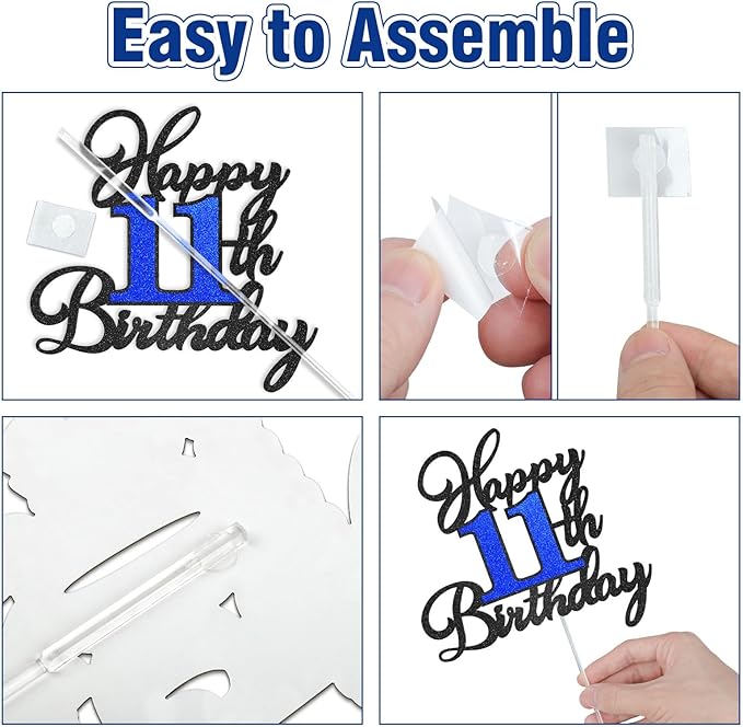 11th Birthday Cake Topper, Black Blue Happy 11th Birthday Cake Toppers for Boy Girl, 11 Years Old Birthday Party Supplies, Glitter Cake Decor, 11th Birthday Cake Decorations