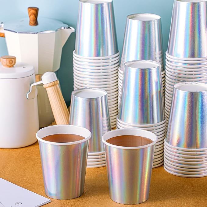 Funtery 100 Pcs Iridescent Paper Cups 9 oz Holographic Disposable Party Cups Beverage Drinkware Supplies for Bachelorette Birthday Disco Baby Shower Mermaid Party Wedding Anniversary Engagement