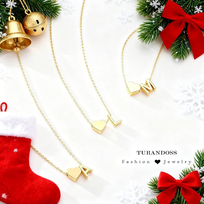 Turandoss Christmas Gifts for Grandkids - Dainty 18K Gold Plated Tiny Heart Initial A-Z Letter Pendant Necklace Stocking Stuffers for Teen Girls Jewelry