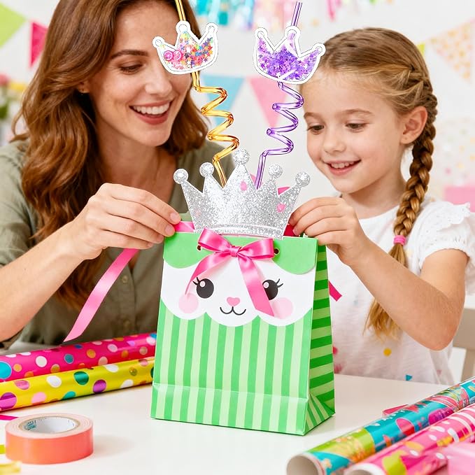 LEDUO 24Pcs Glitter Princess Party Favors-Reusable Crown Drinking Straws - Birthday Party Supplies-Boys Girls Party Decorations-Princess Theme Birthday Party Crazy Silly Straw with 2 Cleaning Brushes