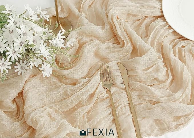 FEXIA 4 Pack Beige Table Runner 35x120 Inches for Baby Shower Decoration Gauze Rustic Table Runner for Wedding Party First Communion Centerpiece Engagement Bridal Shower Boho Decoration