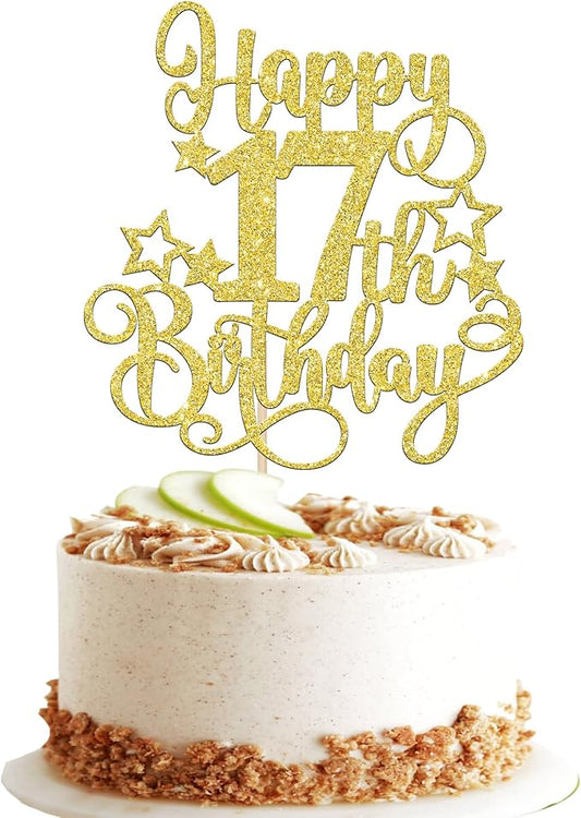 1 PCS Happy 17th Birthday Cake Topper Glitter Cheers to 17 Years Birthday Cake Pick Hello 17 Fabulous Cake Decoration for Happy 17th Birthday Anniversary Party Decorations Supplies Gold