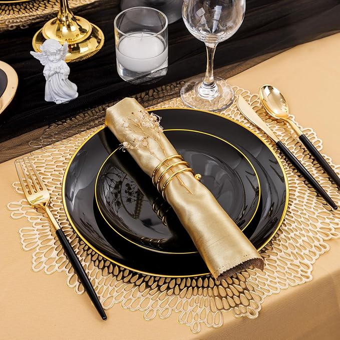 Supernal 102pcs Gold Plastic Silverware, Golden Cutlery with Black Handle, Disposable Flatware Collection, Includes 34 Plastic Forks and Spoons and Knives Ideal for Weddings, Parties, and Birthdays