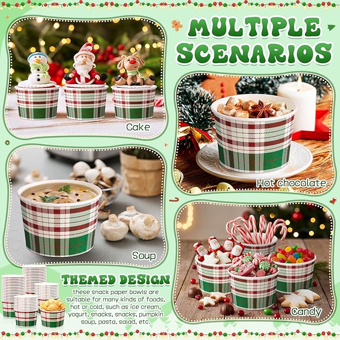 50 Pack 9 oz Christmas Soup Bowls Disposable Paper Cups Winter Themed Disposable Dessert Bowls Green White Plaid Paper Snack Cups for Hot and Cold Food Christmas Party Supplies