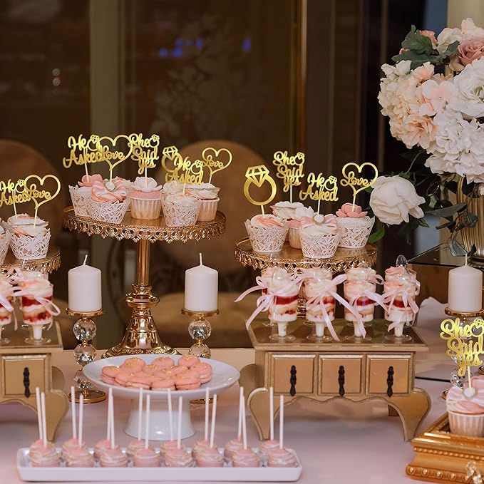 Gyufise 24 Pack Light Gold Glitter He Asked She Said Yes Cupcake Toppers Diamond Ring Heart Love Cake Picks for Wedding Engagement Party Cake Decorations