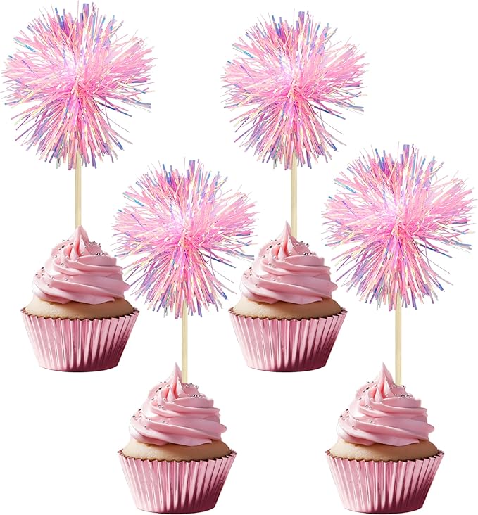Gyufise 30Pcs Foil Firework Cupcake Toppers Sparkle Tinsel Cake Toppers Tinsel Drink Cake Decoration Cocktail Picks for Birthday Wedding Graduation Party Supplies Dark Pink